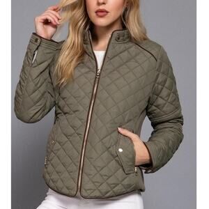 Suede Piping Detail Knit Rib Quilted Padding Jacket Olive